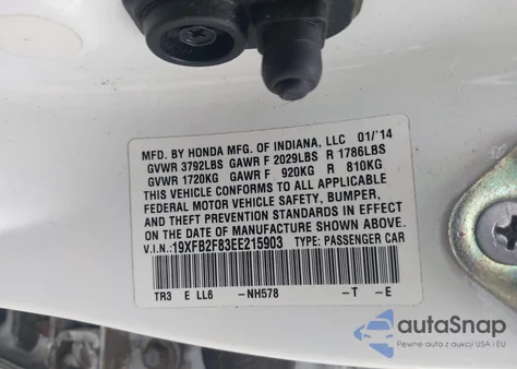 2014 Honda Civic Ex из США, поврежденный, VIN 19XFB2F83EE215903